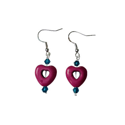 Earrings - Heart bead with 4mm crystal beads on hook