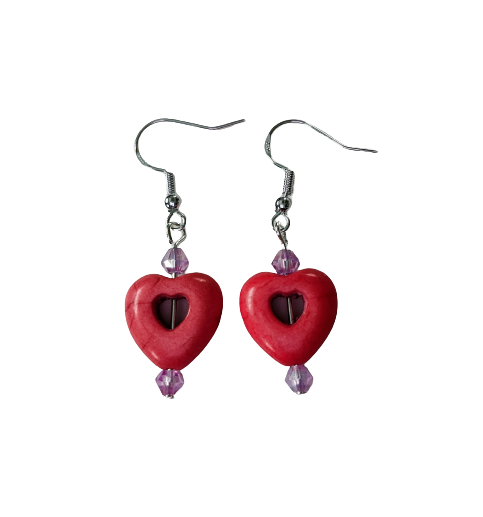 Earrings - Heart bead with 4mm crystal beads on hook