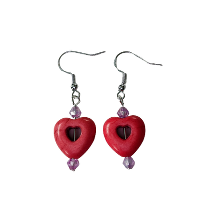 Earrings - Heart bead with 4mm crystal beads on hook