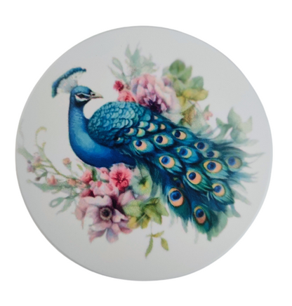 Coaster - Round ceramic coaster with peacock image