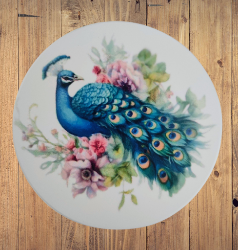 Coaster - Round ceramic coaster with peacock image