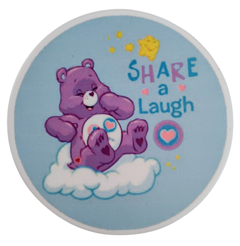 Coaster - Round ceramic coaster (Share a Laugh) with purple care bear image