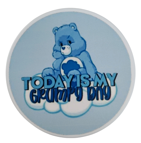 Coaster - Round ceramic coaster (Today is my grumpy day) with blue care bear image