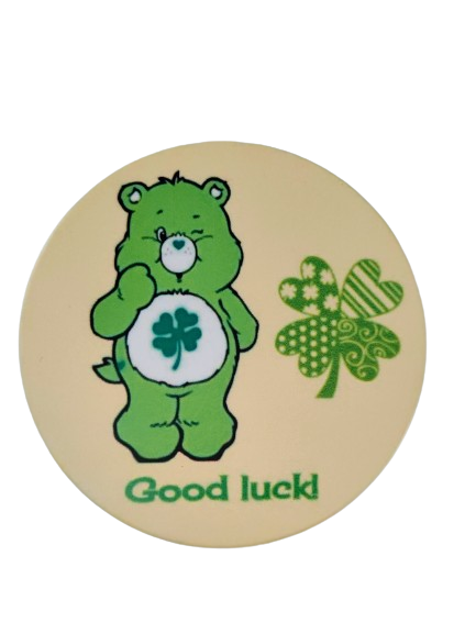 Coaster - Round ceramic coaster (Good luck) with green care bear image