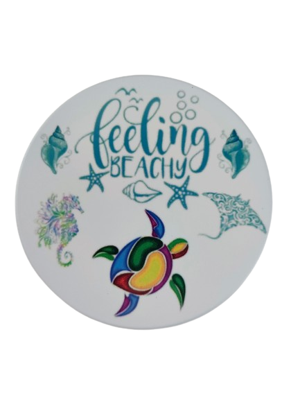 Coaster - Round ceramic coaster (Feeling Beachy) sea glass turtle image