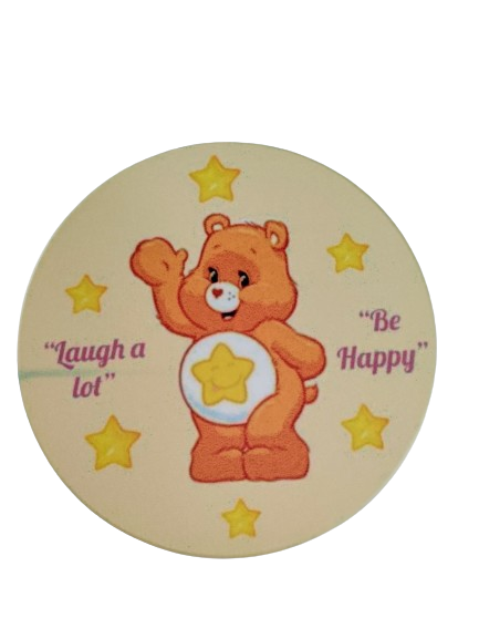 Coaster - Round ceramic coaster (Laugh a lot) with orange care bear image