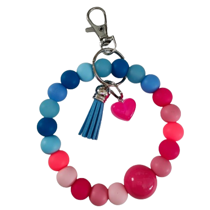 Keychain Wristlet - 12 mm colorful silicon beads with resin heart and tassel