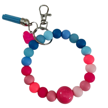 Keychain Wristlet - 12 mm colorful silicon beads with resin heart and tassel