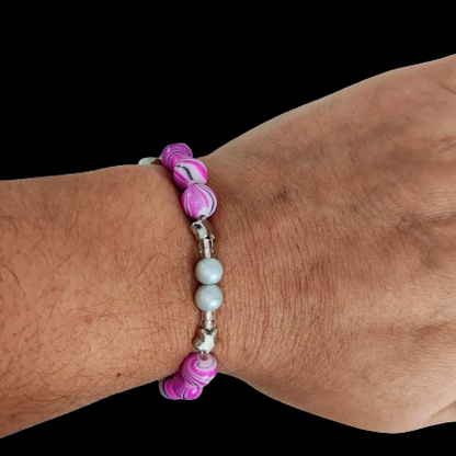 Bracelet - Small 6 inches Elastic purple 8mm beads & silver 4mm pearl beads with clear seed beads and silver spacer beads