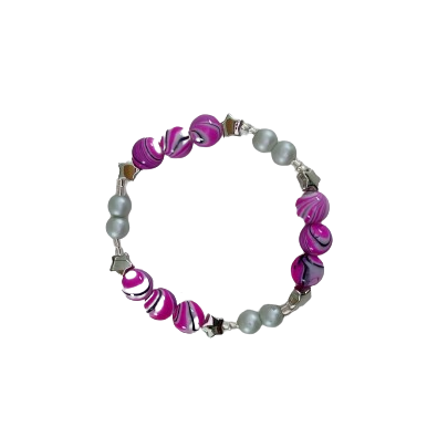 Bracelet - Small 6 inches Elastic purple 8mm beads & silver 4mm pearl beads with clear seed beads and silver spacer beads