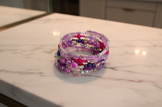 Bracelet - 4 coil & 6 coil Memory wire bracelet purple & pink beads with silver spacer beads