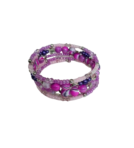 Bracelet - 4 coil & 6 coil Memory wire bracelet purple & pink beads with silver spacer beads