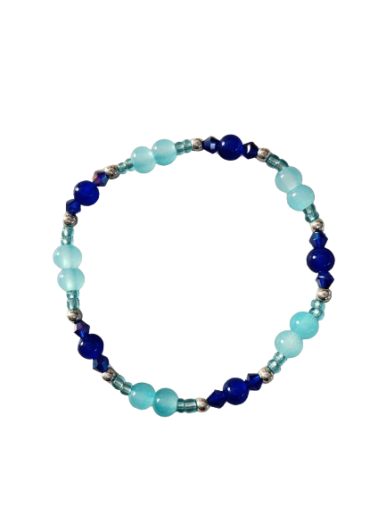 Bracelet - Elastic Blue 6mm glass beads with 4mm bicone beads and seed beads and silver beads