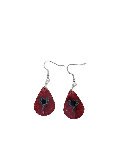 Earrings - Resin red glitter teardrop with bleeding heart charm on silver hook