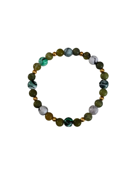 Bracelet - Elastic 6mm natural green jade with 8mm acrylic green & black ink pattern beads and gold spacer beads