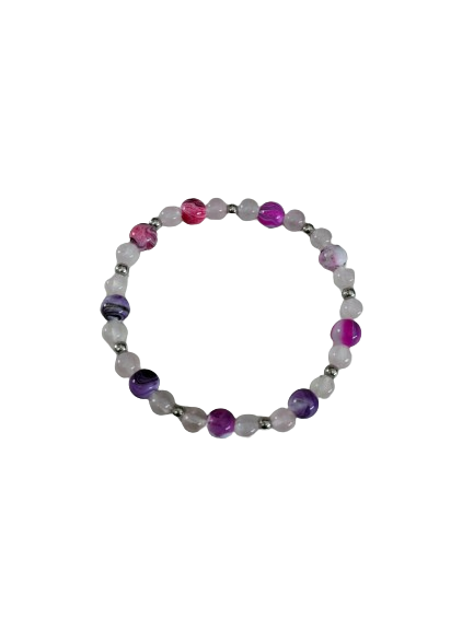 Bracelet - Elastic 6mm natural rose quartz with 8mm acrylic pink & purple ink pattern beads and silver spacer beads