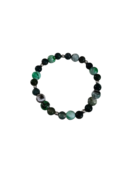 Bracelet - Elastic 6mm natural moss agate with 8mm acrylic black & green ink pattern beads and silver spacer beads