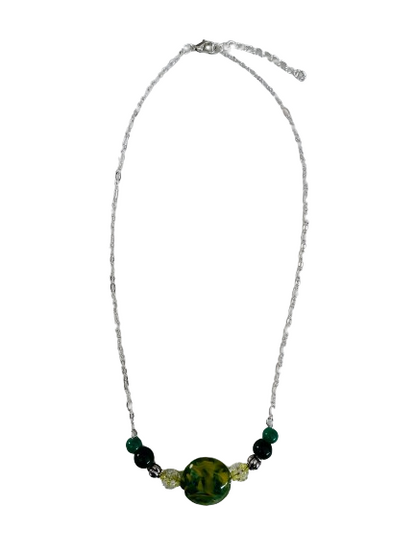 Necklace - 17 inches silver cable chain with glass and acrylic beads on memory wire