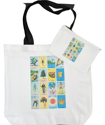 Double sided tote Bag with makeup bag (La Loteria image)