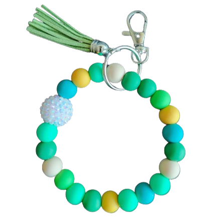 Keychain Wristlet - 12 mm colorful silicon beads with 20 mm bubblegum bead and long acrylic tassel