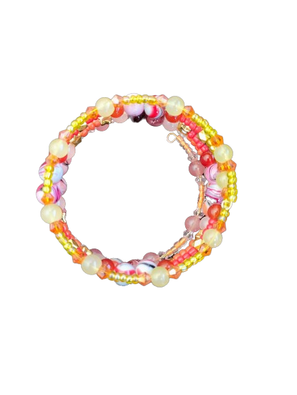 Bracelet - 4 coil & 6 coil Memory wire bracelet red orange & yellow beads with gold spacer beads