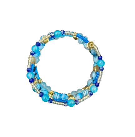 Bracelet - 4 coil & 6 coil Memory wire bracelet blue & yellow beads with gold spacer beads