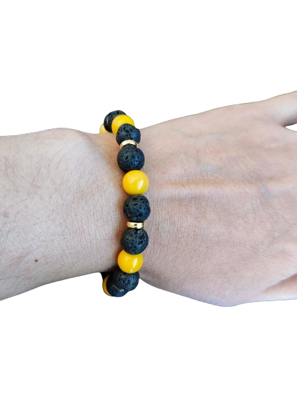 Bracelet - Elastic 8mm black volcanic beads and 8mm yellow glass beads with gold spacer beads