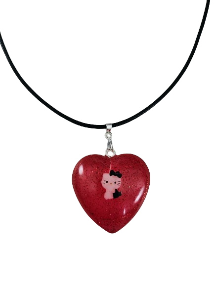 Necklace - 17.5 inches black waxed cord with resin heart hello kitty pendant