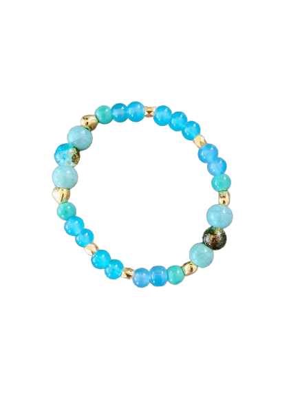 Bracelet - Elastic 6mm and 8mm blue teal & blue brown glass beads and gold spacer beads