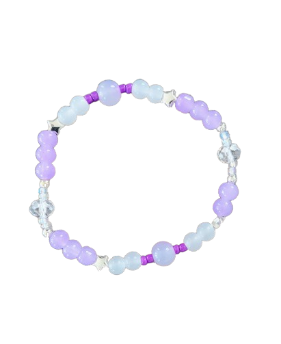 Bracelet - Elastic 6mm and 8mm purple white & clear glass beads and purple clear seed beads and silver spacer beads