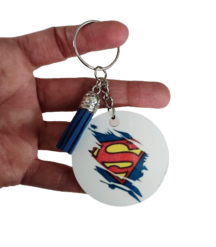 Keychain - Double sided sublimated Superman logo image with acrylic tassel