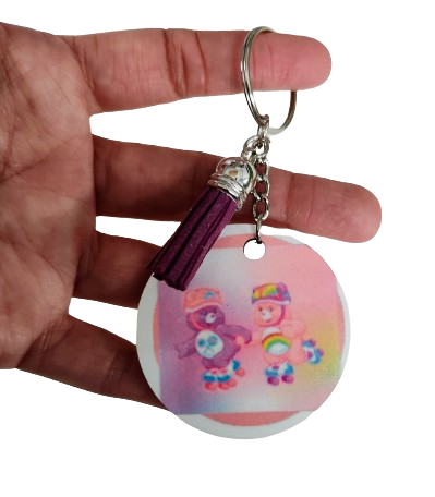 Keychain - Double sided sublimated "Purple & pink care bears" with acrylic tassel