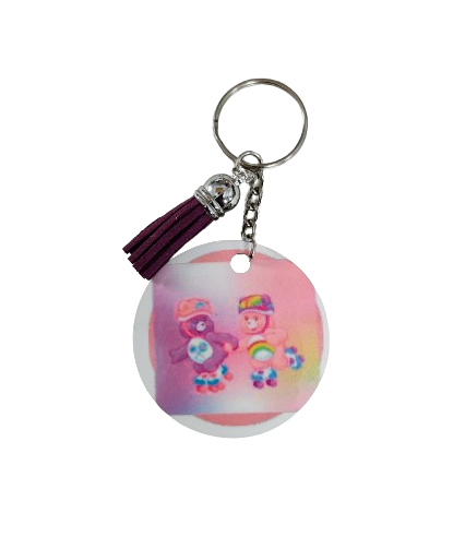 Keychain - Double sided sublimated "Purple & pink care bears" with acrylic tassel