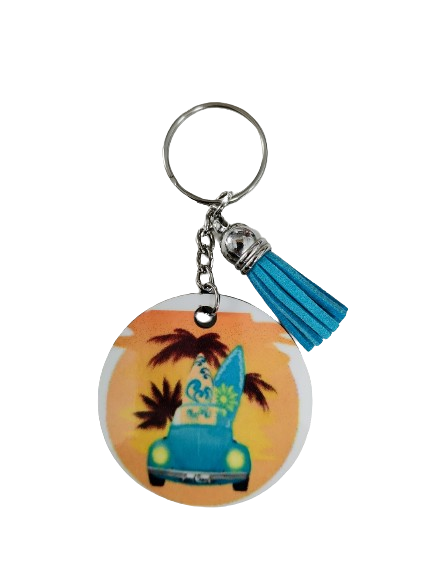 Keychain - Double sided sublimated (blue car with surfboard image) with acrylic tassel