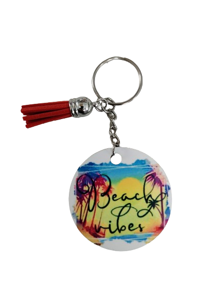 Keychain - Double sided sublimated "Beach vibes" with acrylic tassel