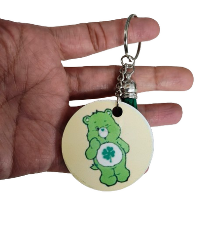 Keychain - Double sided sublimated Green care bear with acrylic tassel