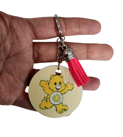 Keychain - Double sided sublimated Yellow care bear with acrylic tassel