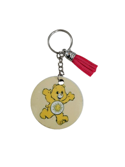 Keychain - Double sided sublimated Yellow care bear with acrylic tassel