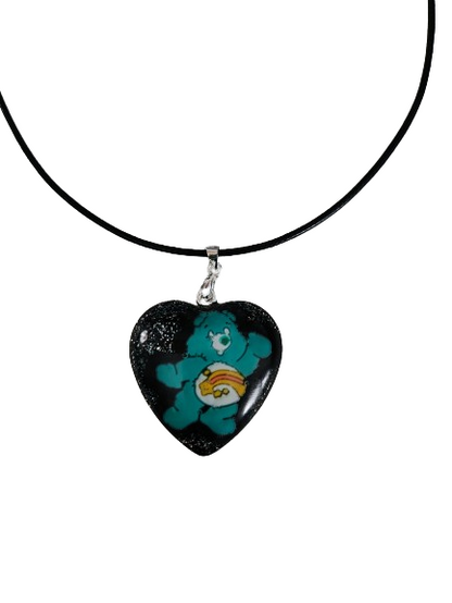 Necklace - 17.5 inches black waxed cord with resin heart shape care bear pendant