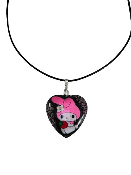 Necklace - 17.5 inches black waxed cord with resin My Melody heart pendant