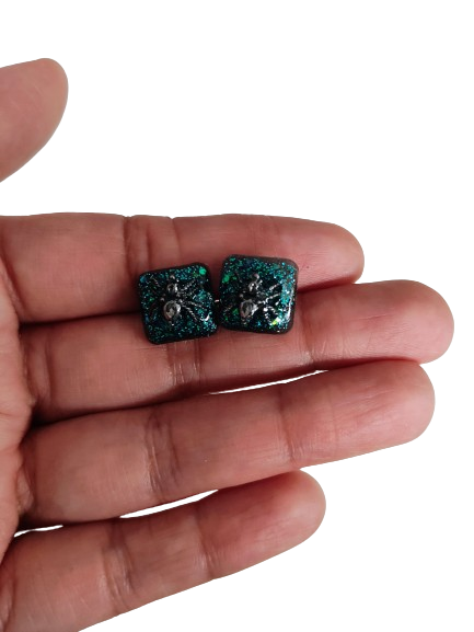 Earrings - Resin square studs with silver spider