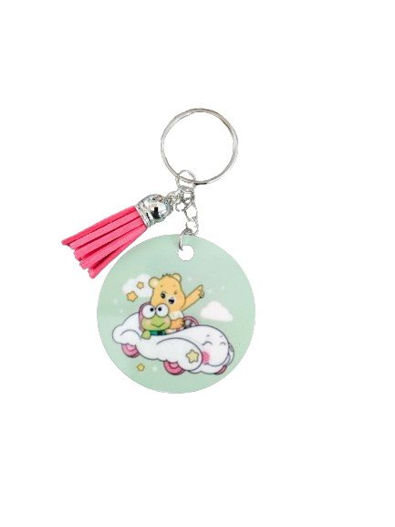 Keychain - Double sided sublimated Keroppi & Yellow care bear with acrylic tassel