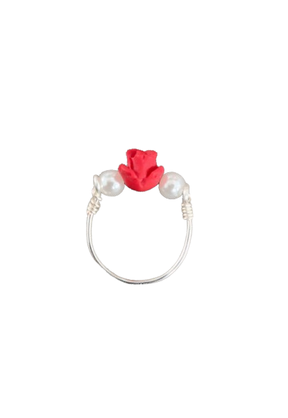 Ring - Red rose with acrylic white pearls on silver 18 gauge wire