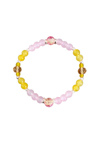 Bracelet - Elastic 6mm and 8mm yellow & pink glass beads and rose gold spacer beads