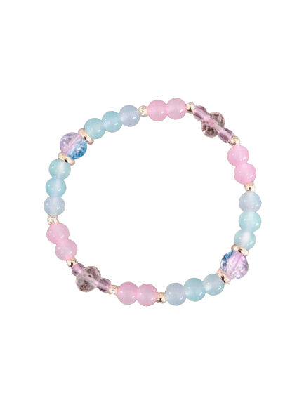 Bracelet - Elastic 6mm and 8mm blue & pink glass beads and rose gold spacer beads