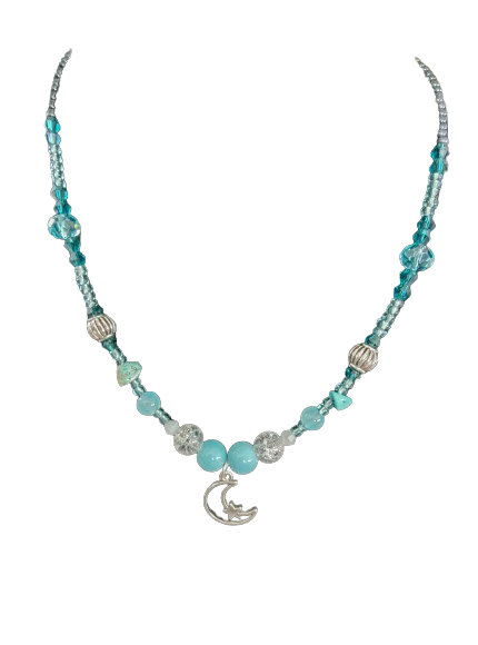 Necklace - 15 inches blue & silver beaded necklace with silver moon charm