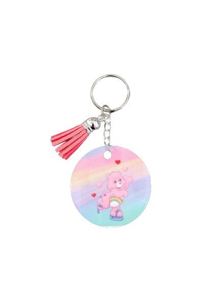 Keychain - Double sided sublimated pink care bear with acrylic tassel