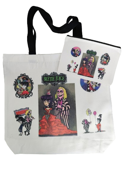 Double sided tote Bag with makeup bag (Beetlejuice image)