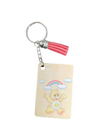 Keychain - Double sided sublimated yellow care bear with acrylic tassel