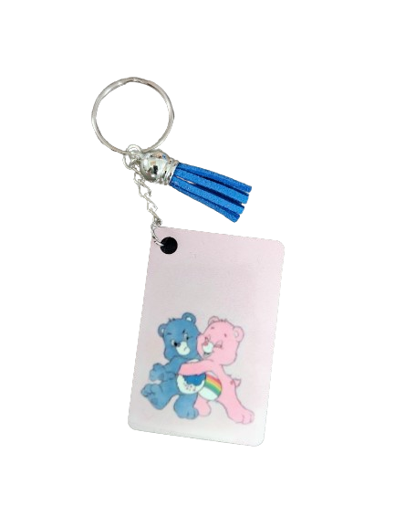 Keychain - Double sided sublimated pink & blue care bears with acrylic tassel